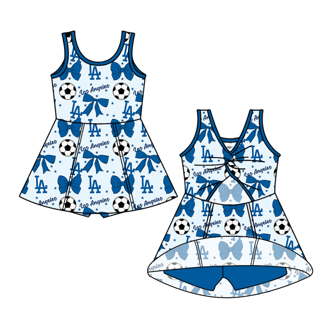 Custom moq 5 each style summer teams baby girls clothes team bow blue long sleeve hooded pants sets and dress 1 and dress 2 and romper-25.6.14