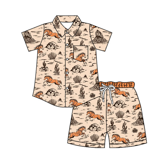 4.11 Custom moq 5 mix size Baby Boy Rodeo Short-Sleeved Button-Down Top with Pockets And Shorts Set