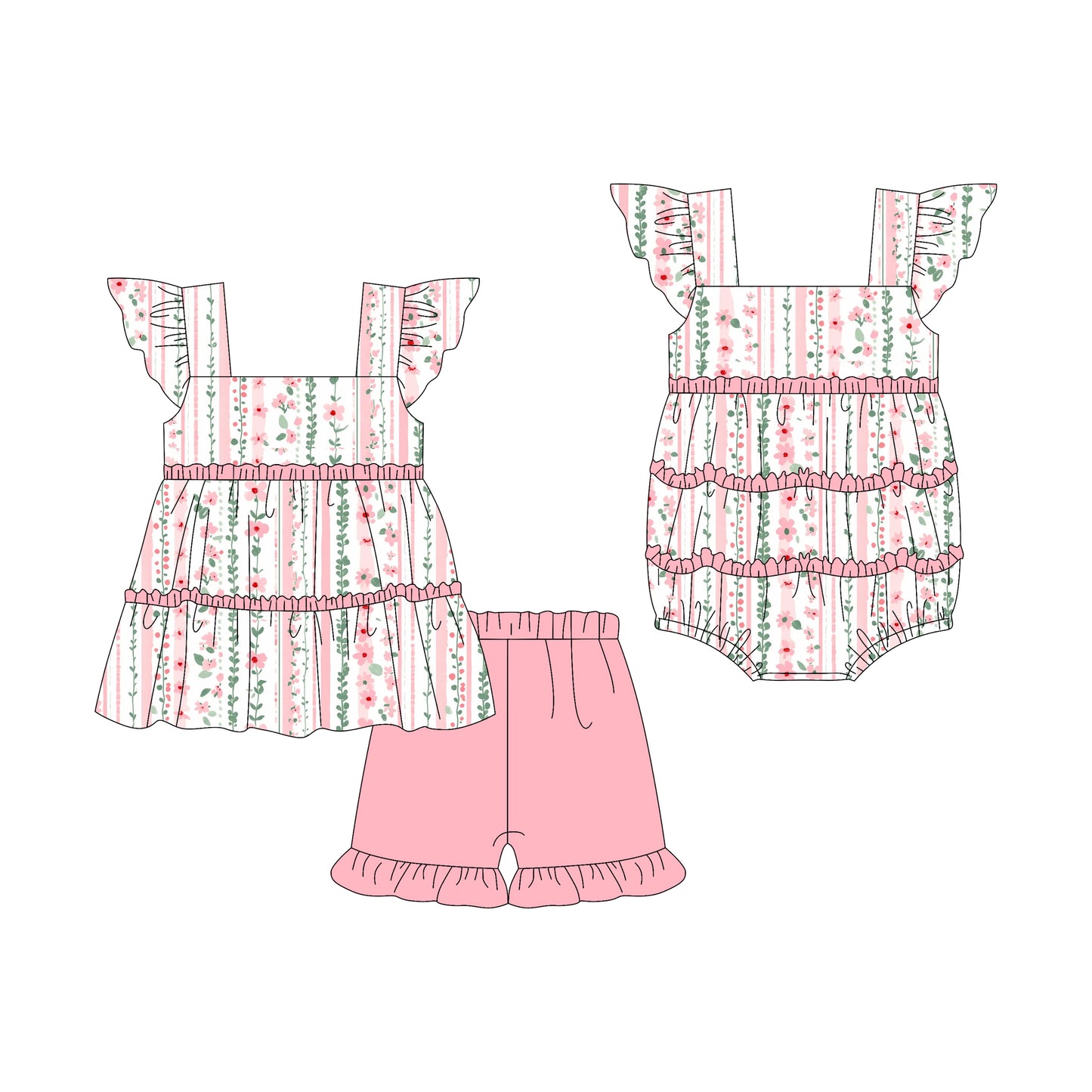 3.7 custom each style moq 5eta 4-6week Sibling Sister floral baby girl short sleeve shorts sets and romper match design