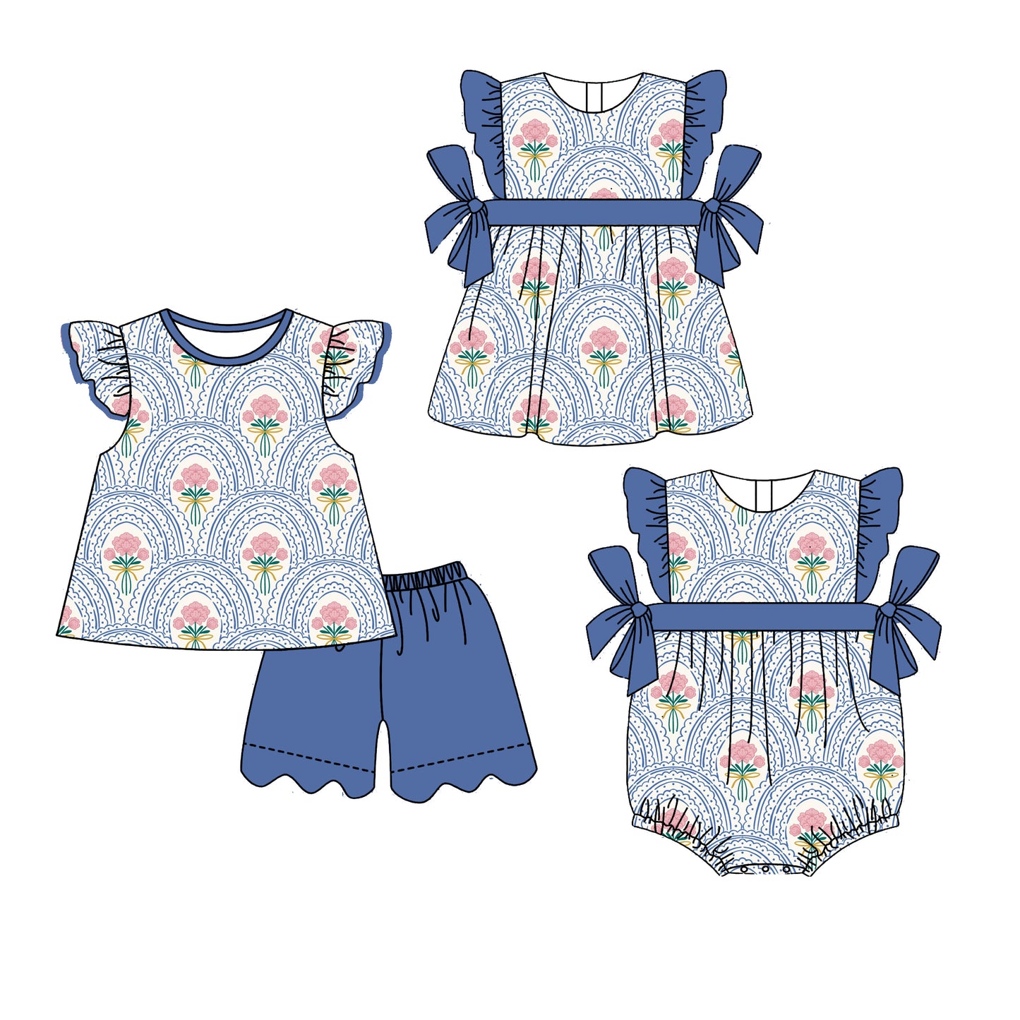 3.30 Custom moq 5 mix size Sibling Baby Girl's Flowers Flutter Sleeve Top And Navy Blue Scallop Shorts Set Cute Romper Dress for Summer