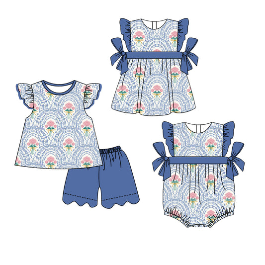 3.30 Custom moq 5 mix size Sibling Baby Girl's Flowers Flutter Sleeve Top And Navy Blue Scallop Shorts Set Cute Romper Dress for Summer