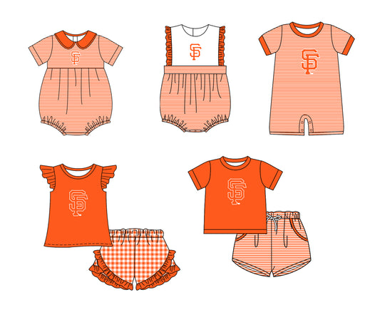 Custom moq 5 mix size milk silk summer teams Baby Boys And Girls Orange Short-Sleeved Shirt And Shorts Set Matching Striped Rompers Outfit Set
