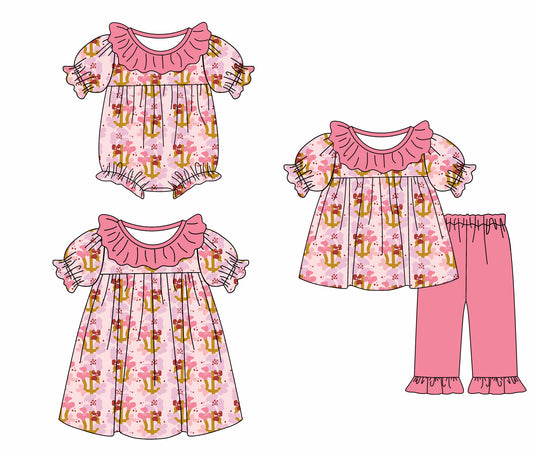 4.26 custom each style moq 5eta 4-6week Sibling Sisters floral baby girl short sleeve pants sets and dress and rompers match family design