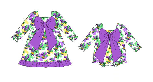 25.9.3 custom each style moq 5eta 4-6week Sibling Sisters mardi gras baby girl long sleeve dress and rompers match family design
