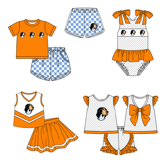 Custom moq 5 mix size milk silk summer teams Boy's Short Sleeved Orange Top Plaid Shorts Set Girl's Short-Sleeved Set with Matching Swimsuits Adult Shorts