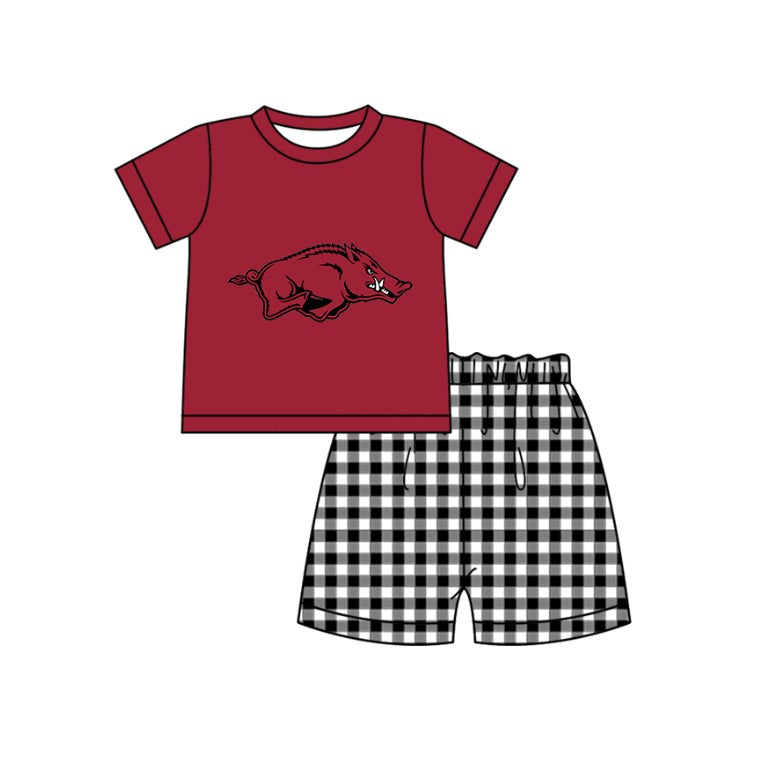 Custom moq 5 mix size milk silk summer teams baby girl boys clothes Red Black and white checkered short sleeve shorts sets 3 and dress and rompers 2 series