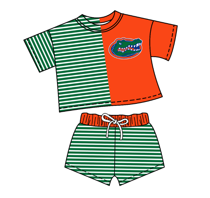 Custom moq 5 mix size milk silk summer teams Children's Striped Outfit Set Short-Sleeved Crew Neck Top And Drawstring Shorts for Kids