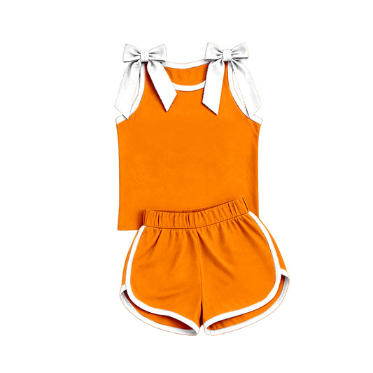 custom moq 5 mix size Baby Girls White Bow Orange Sleeveless Top Shorts Clothes Set