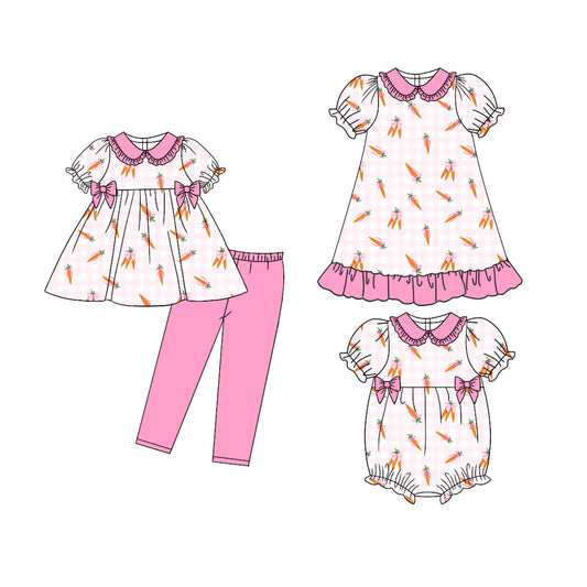 25.11.5 custom each style moq 5 eta 6-8week Sibling Sisters carrot baby girl short sleeve pants sets and dress and rompers match family design
