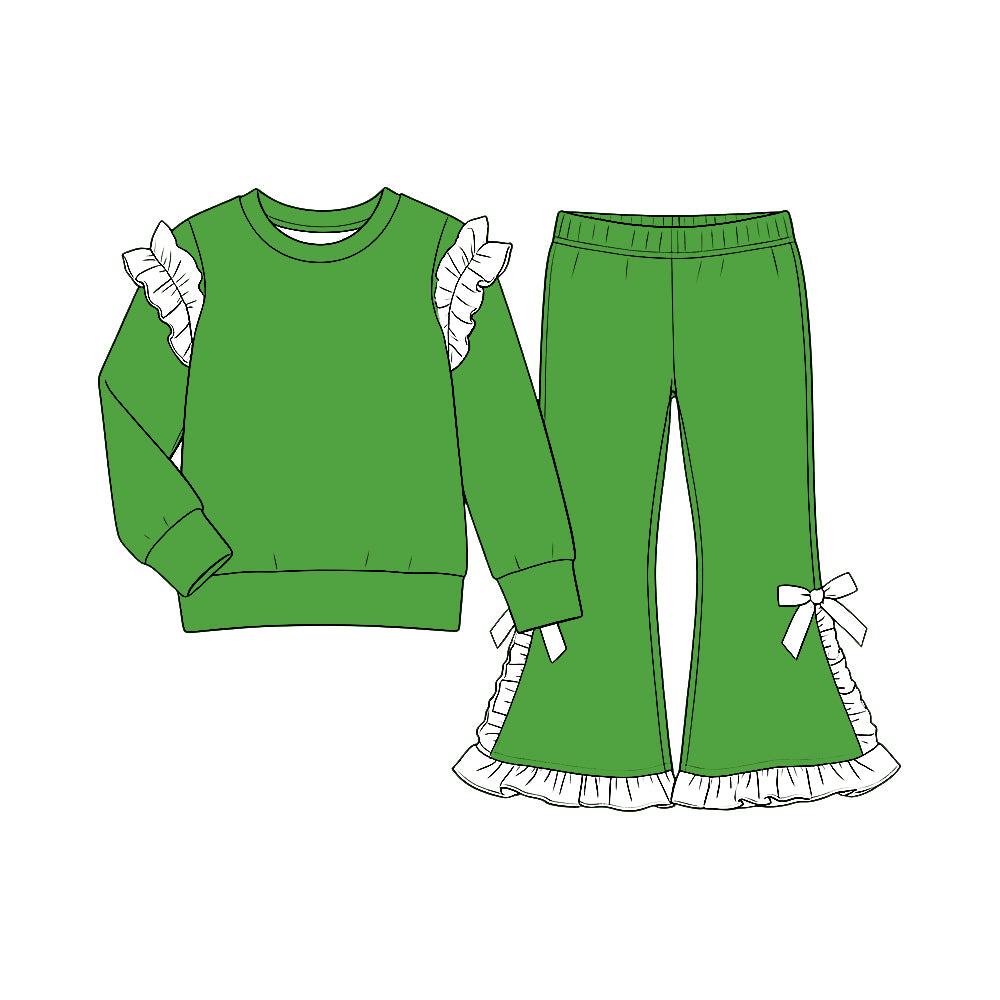 custom moq 5 mix size Baby Girls Green and White Solid Ruffle Shoulder Sweatshirt And Ruffle Hem Bow Flare Pant Set