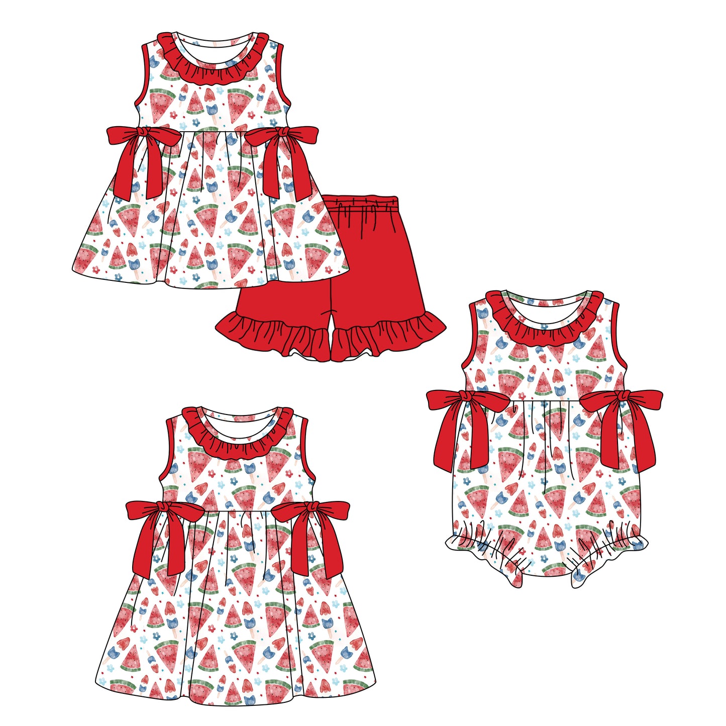 Custom moq 5 mix size Sibling Red Bow-Print Short-Sleeved Romper Dress Baby Girl Outfit 4th of July Cute Shorts Set Little Girl's Clothing