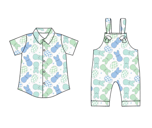 25.12.29 custom each style moq 5 eta 6-8 week Sibling Sister bunny baby boy short sleeve top and jumpsuit match family design