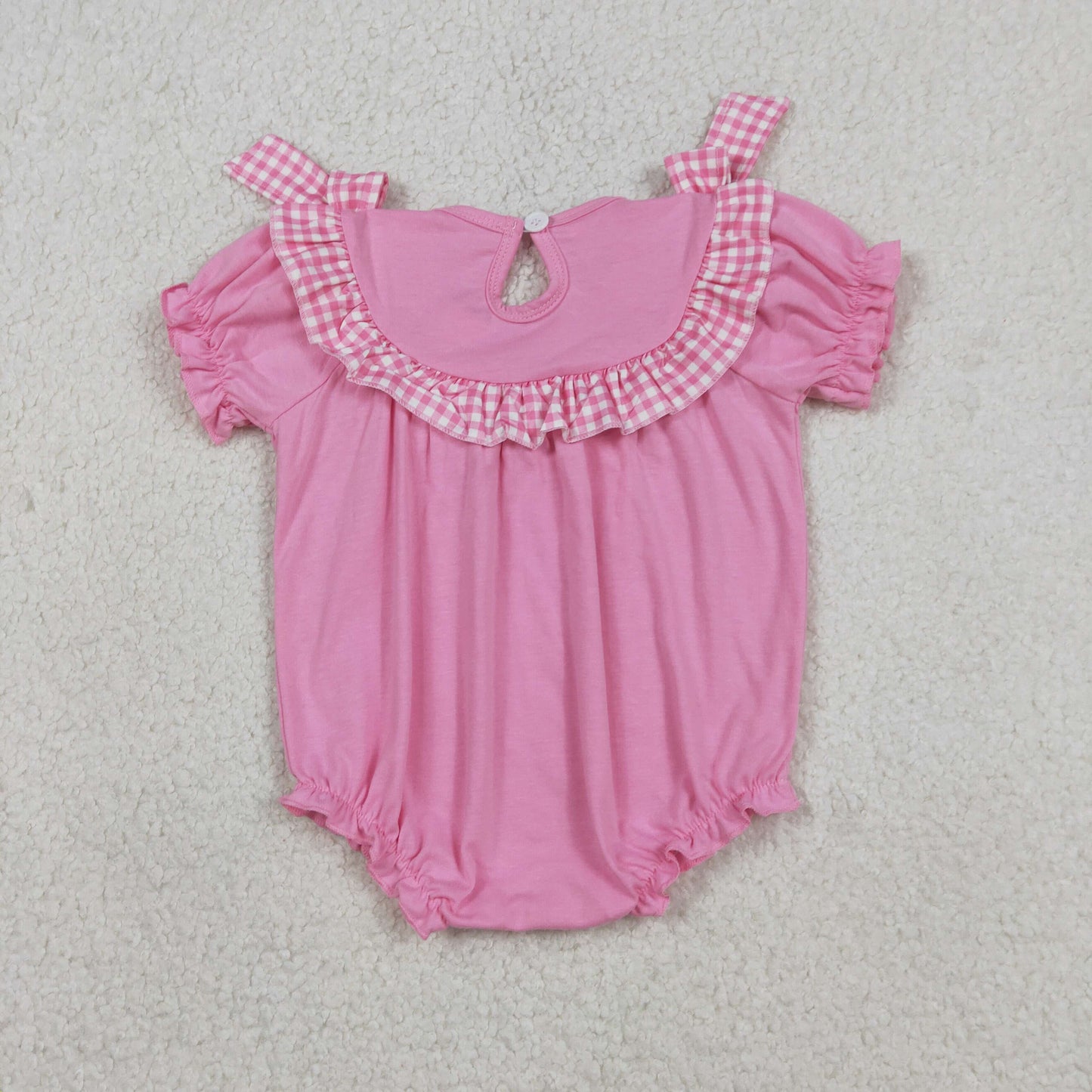 RTS NO MOQ（In Stock ) SR3250 Embroidered Cross Pink and White Check Lace Short-Sleeve Onesie