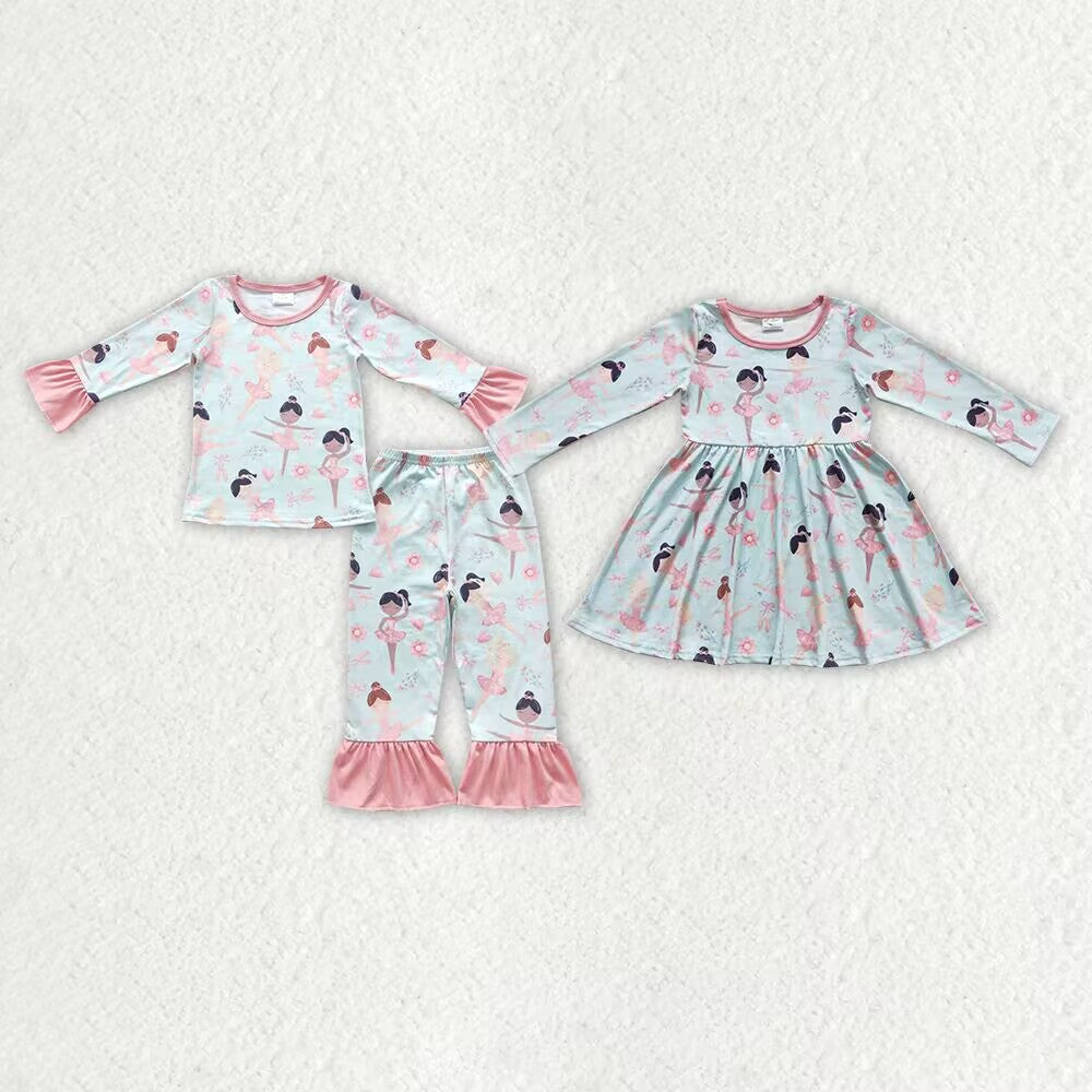 RTS NO MOQ  GLD0309 GLP0647 Dancing Girl Printed Light Green Long Sleeve Suit & Long Sleeve Dress