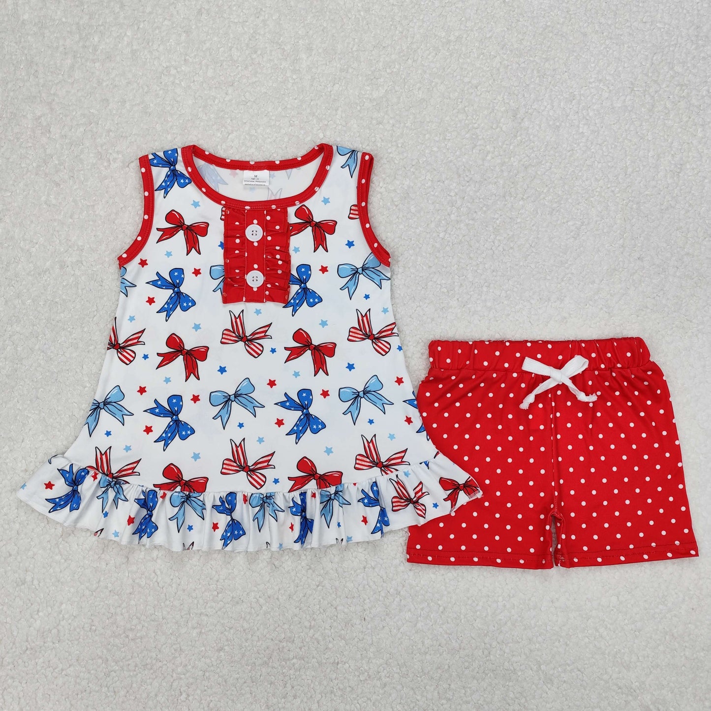 RTS NO MOQ ETA 5/7days Arrived GSSO1991 National Day bow pattern white sleeveless polka dot red shorts set