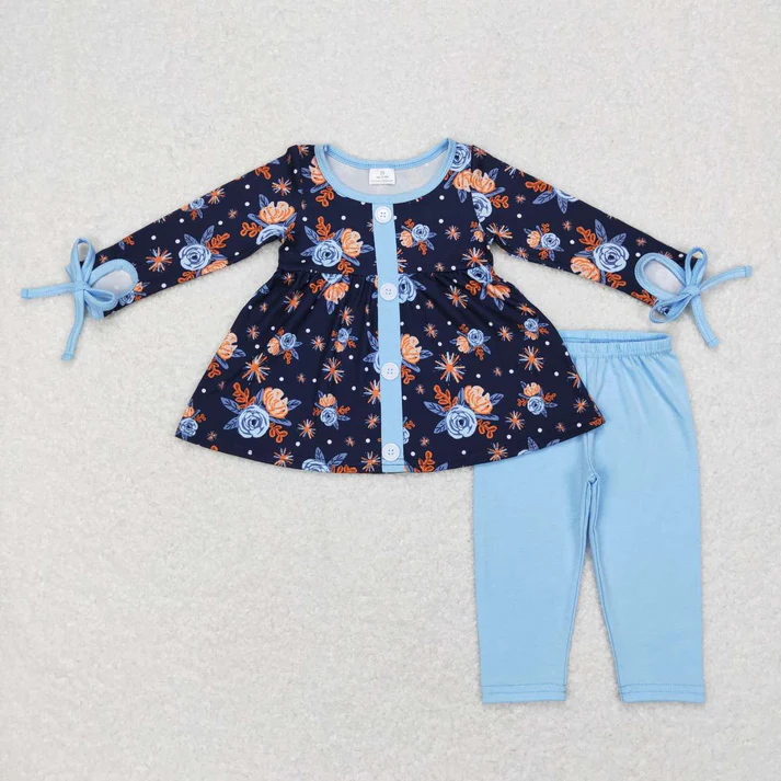 RTS NO MOQ Sibling baby girl clothes floral bow long sleeve pants Sets