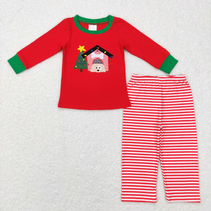 RTS NO MOQ Sibling Baby boy girl clothes Embroidery Christmas long-sleeved trousers suits