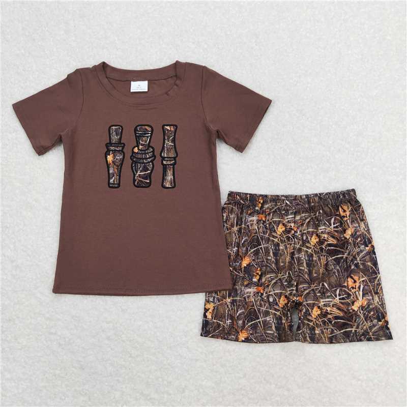 RTS NO MOQ（In Stock) Boys Embroidered Camouflage Short Sleeve Shorts Set