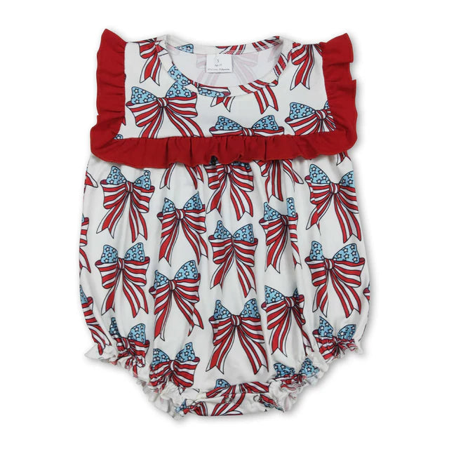 RTS NO MOQ Sibling Baby Girls 4th Of July Bow Ruffle Rompers