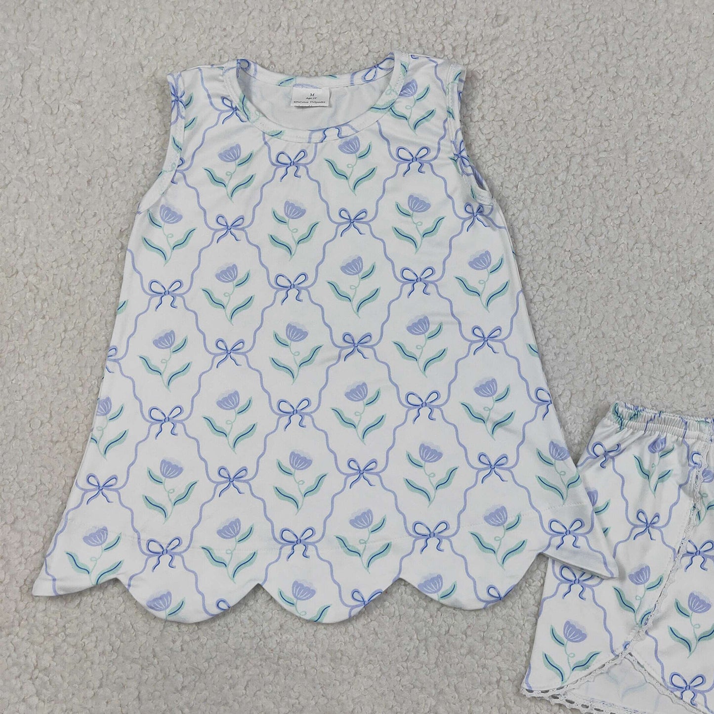 RTS NO MOQ GSSO3426 Baby Girls Blue Bow Floral Checked Scallop Tunic Shorts Set Daily Outfit