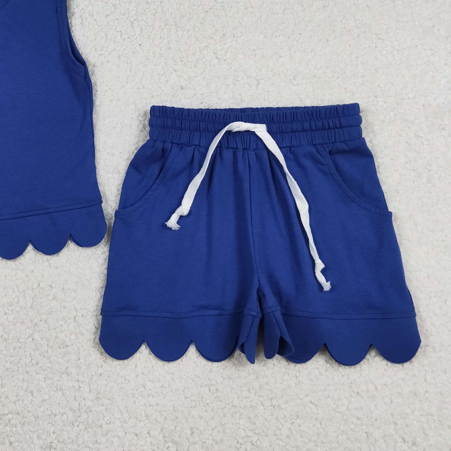RTS NO MOQ cotton GSSO3732 Baby Girls Cute Hot Blue Sleeveless Top Scallop Clothes Set