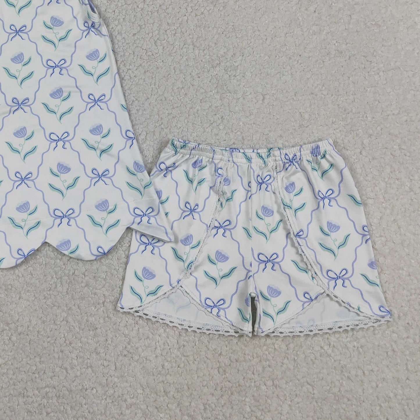 RTS NO MOQ GSSO3426 Baby Girls Blue Bow Floral Checked Scallop Tunic Shorts Set Daily Outfit