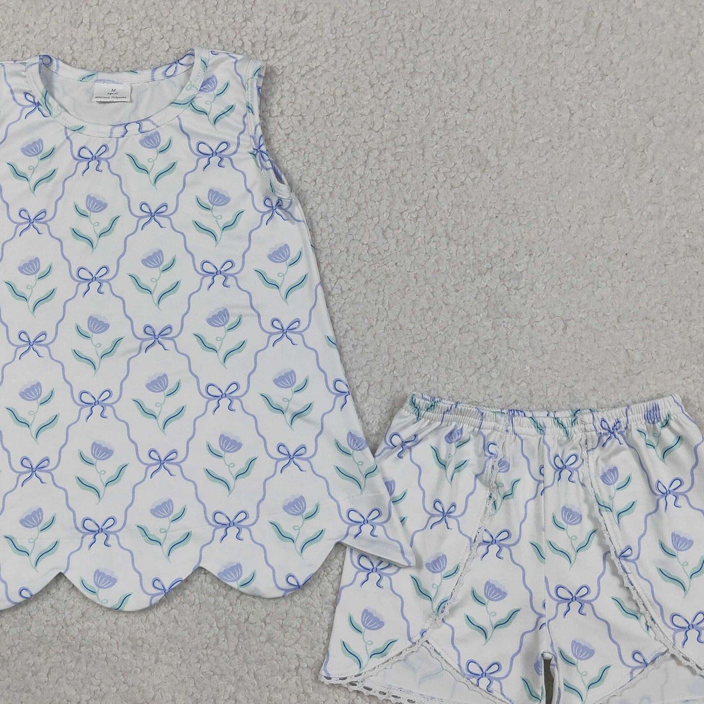 RTS NO MOQ GSSO3426 Baby Girls Blue Bow Floral Checked Scallop Tunic Shorts Set Daily Outfit