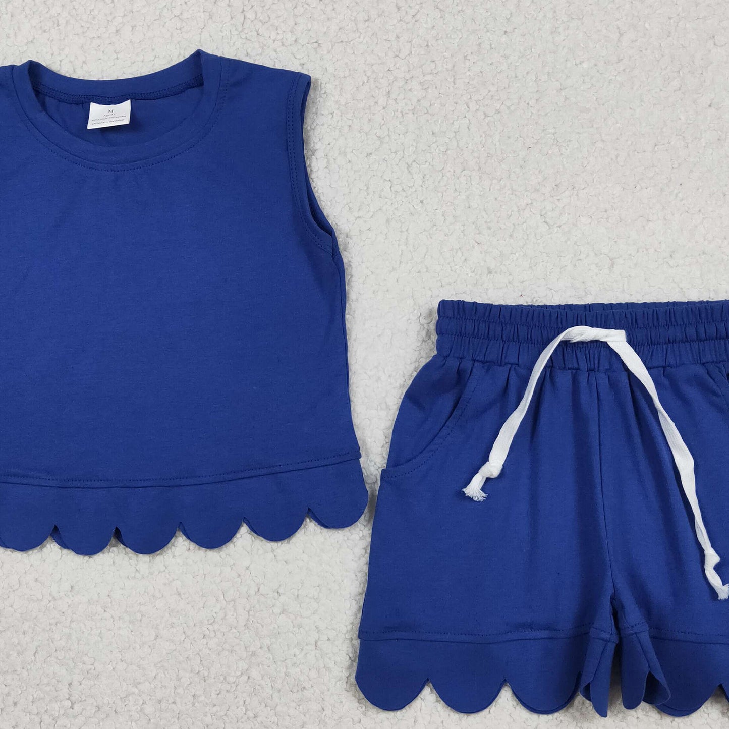 RTS NO MOQ cotton GSSO3732 Baby Girls Cute Hot Blue Sleeveless Top Scallop Clothes Set