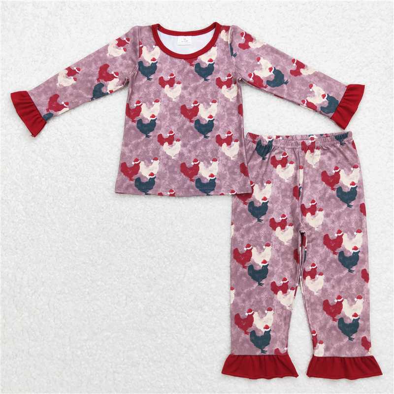 Baby Girls Christmas Chicken Collection - Red Ruffle PJ Set & Boys Solid Cuff PJ Set