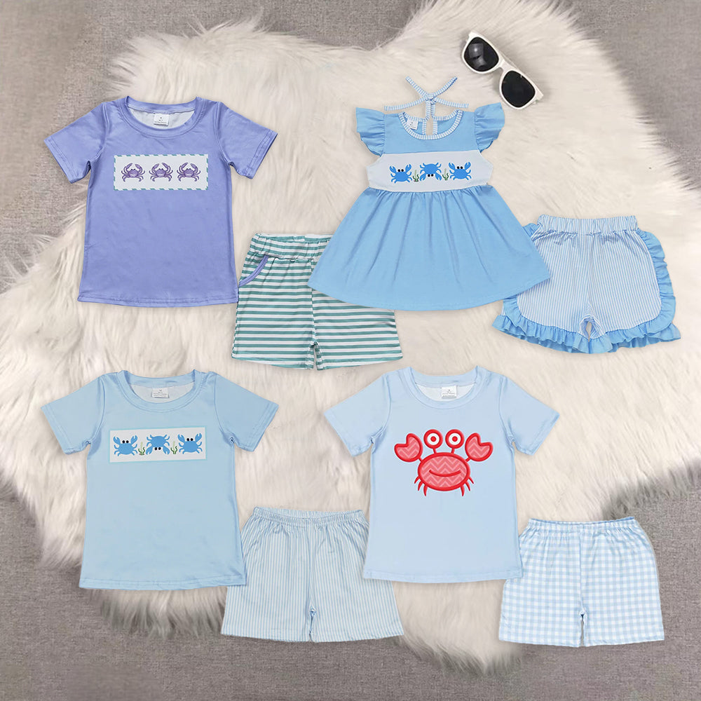 RTS NO MOQ girls clothes crab short-sleeved shorts suit & short-sleeved sets