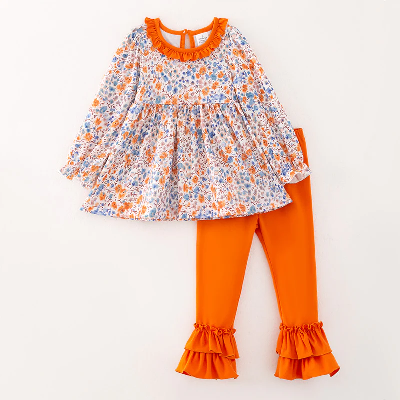 Custom moq 5 each style eta 6-7weeks baby girl orange long sleeve pants and dress and briefs sets
