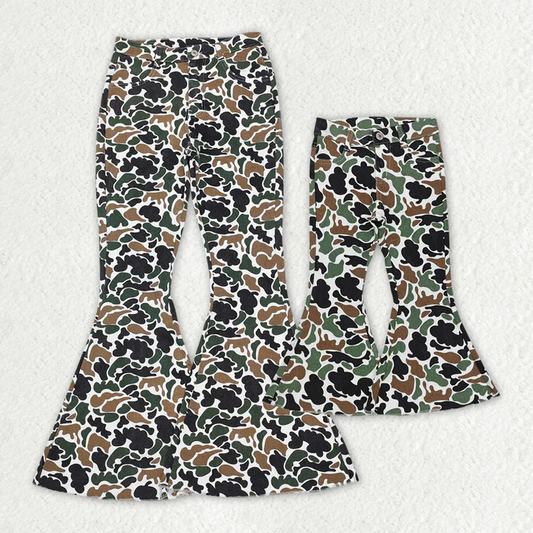 RTS NO MOQ Army Green Camouflage Button Zipper Denim Flared Pants: Adults & Kids