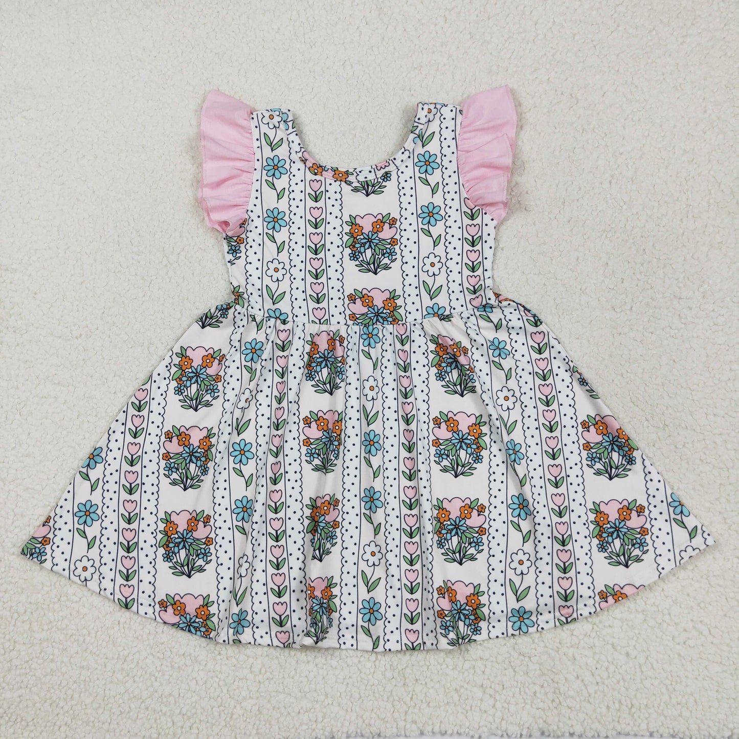 RTS NO MOQ GSD2527 Flower tulip polka dot stripe beige pink flying sleeve dress