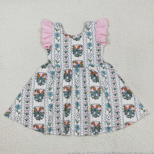 RTS NO MOQ GSD2527 Flower tulip polka dot stripe beige pink flying sleeve dress