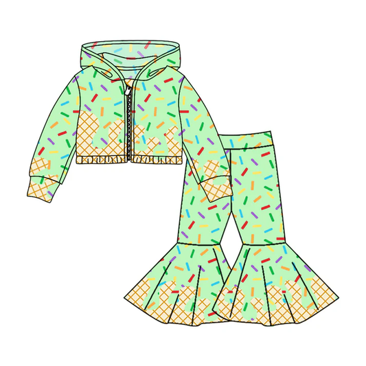 Custom moq 5 mix size milk silk summer teams baby girls clothes green hooded long sleeve pants sets-25.8.4