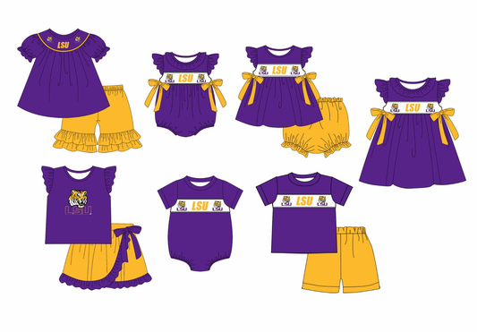 Custom summer teams baby girls clothes team purple short sleeve shorts sets 3 and briefs sets and dress and rompers-25.7.23