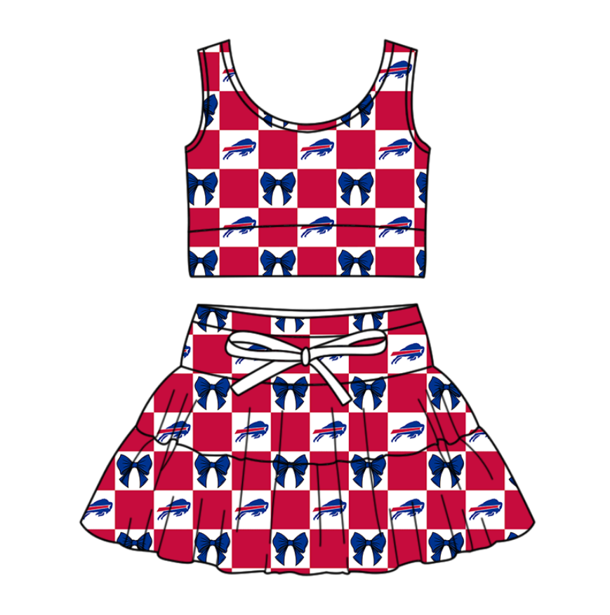 Custom moq 3 or 5 mix size milk silk summer teams baby girl clothes bow blue and red sleeveless skirts sets-26.1.20