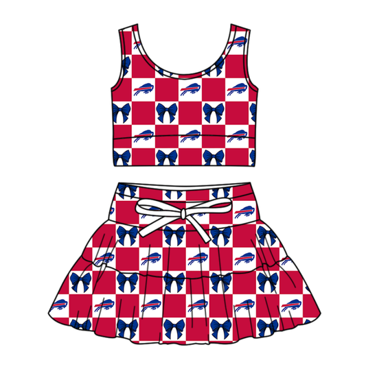 Custom moq 3 or 5 mix size milk silk summer teams baby girl clothes bow blue and red sleeveless skirts sets-26.1.20