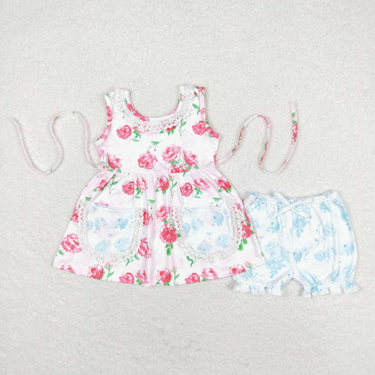 rts no moq GSSO0882 Powder Blue Floral Lace Pocket Sleeveless Shorts suit