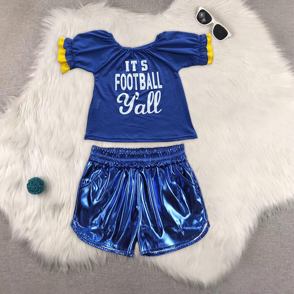 RTS NO MOQ GT0273+SS0409 Girls blue short-sleeved top Glossy leather shorts sets