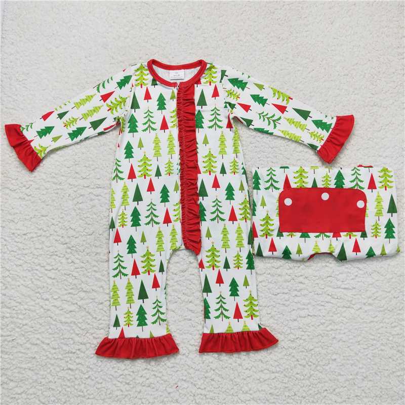 Baby Girls Christmas Tree Collection - Ruffle Zip Romper & Red Ruffle Flare PJ Set