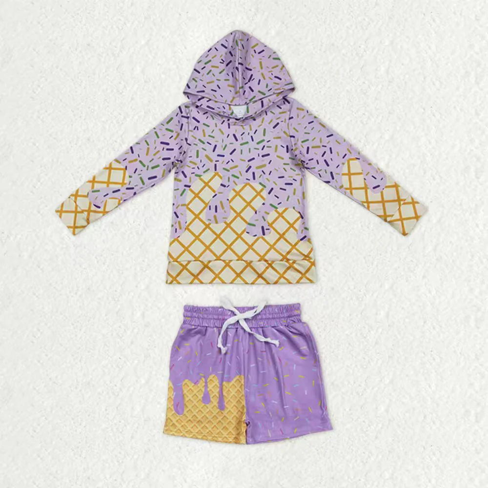 RTS NO MOQ（In Stock) baby boys clothes ice cream hooded long Sleeve Shorts sets