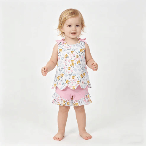 RTS NO MOQ Sibling Baby Girls Colorful Flowers Scallop Tunic Ruffle Shorts Outfit Set Cute Baby Girl Clothing Set
