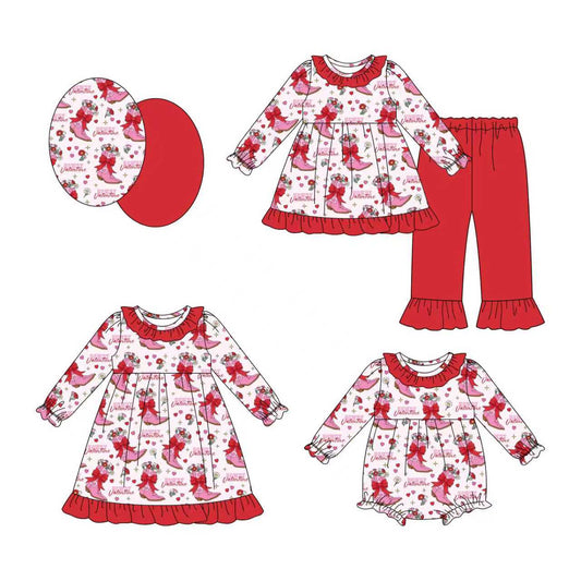 25.9.3 custom each style moq 5eta 4-6week Sibling Sisters boots bow baby girl long sleeve pants sets and dress and rompers match family design