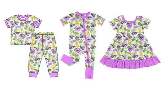 12.6 custom each style moq 5eta 4-6week Sibling Sister mardi gras baby girl sets and dress and rompers match family design