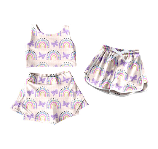 4.19 custom each style moq 5eta 4-6week Sibling Sister rainbow bow baby girls clothes Short sleeve yoga dress and shorts match family design