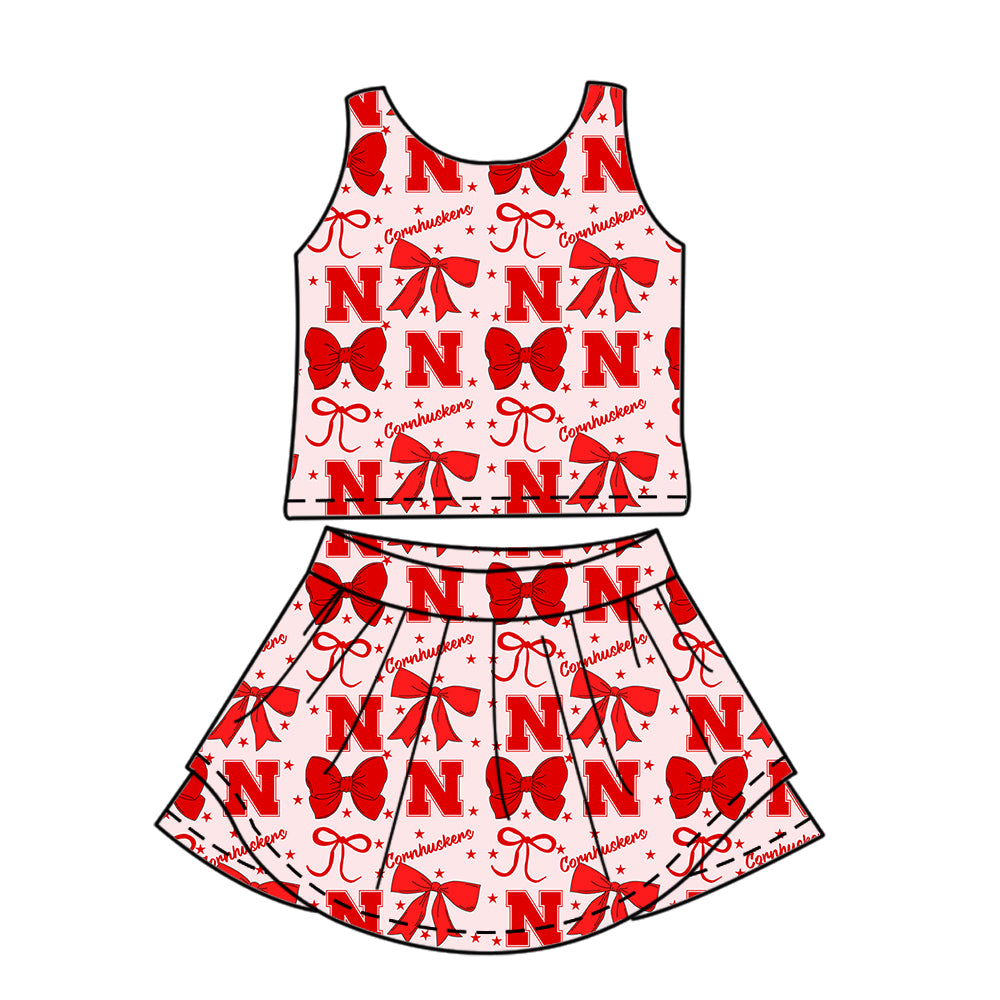 Custom moq 5 mix size milk silk summer teams baby girls clothes team bow red sleeveless skirts sets and dress 1 and dress 2 and dress 3-25.6.26