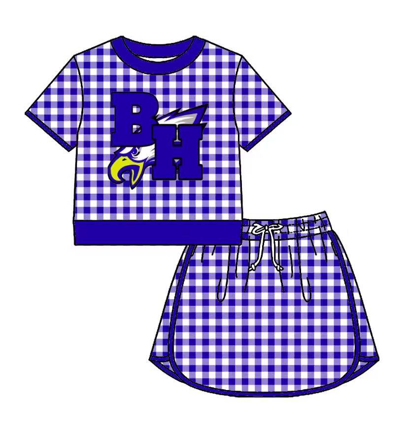 Custom moq 5 mix size milk silk summer teams Baby Girls Purple Plaid Short Sleeve Top Skirt Two Piece Set