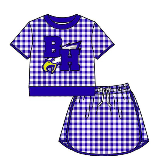 Custom moq 5 mix size milk silk summer teams Baby Girls Purple Plaid Short Sleeve Top Skirt Two Piece Set