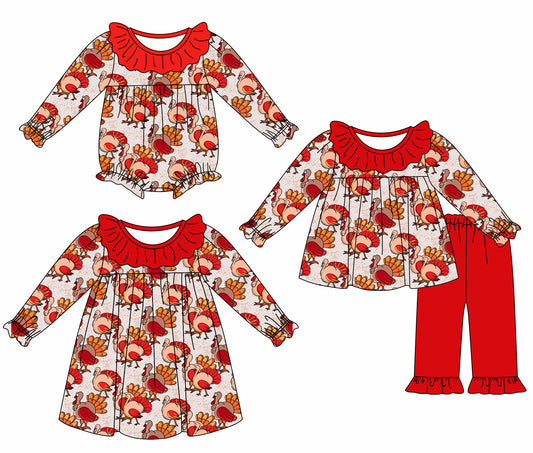 25.6.7 custom each style moq 5eta 4-6week Sibling Sisters turkey red baby girl long sleeve pants sets and dress and rompers match family design